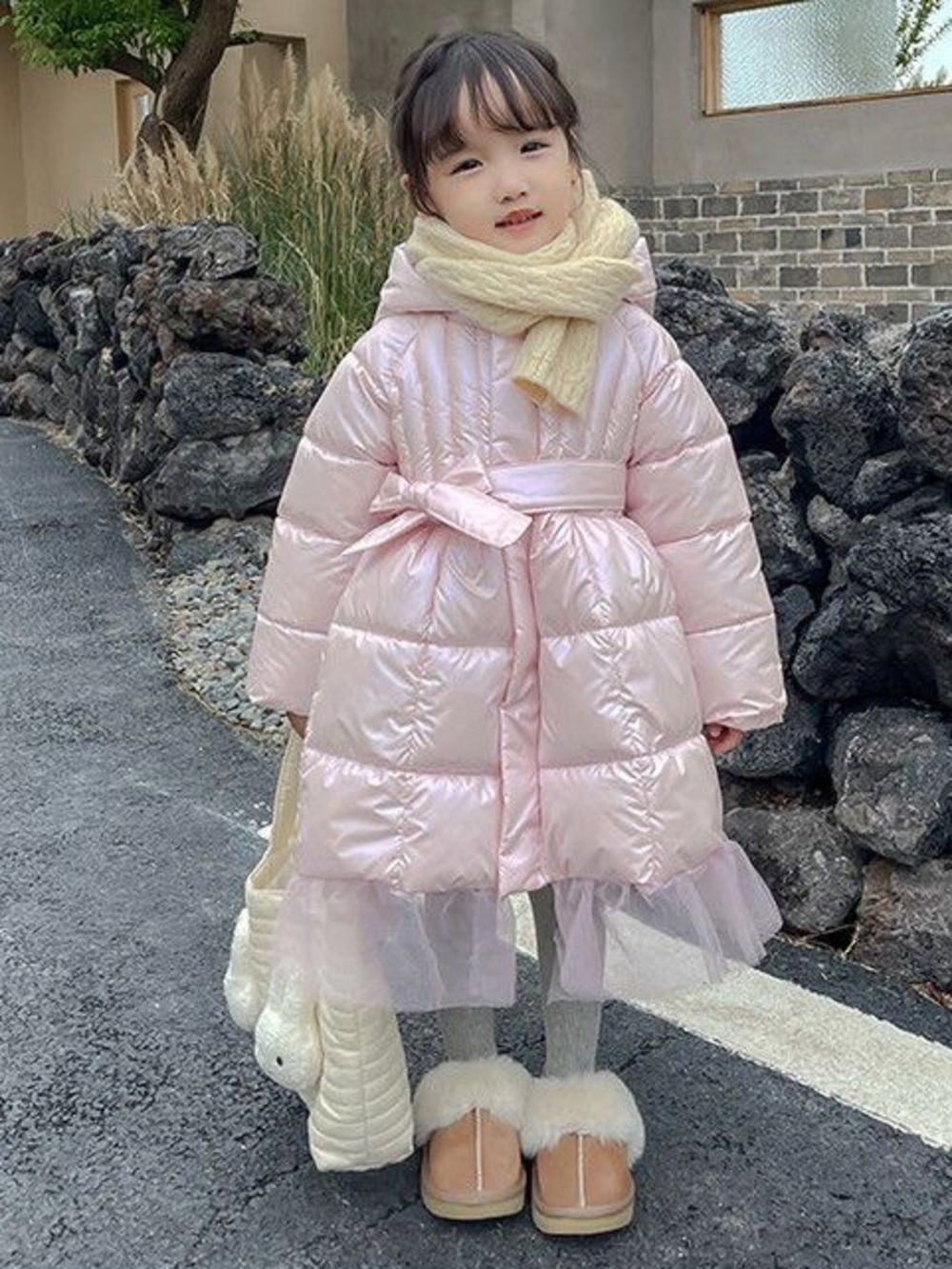 Pink Quilted Belted Puffer Coat with Tulle Hem